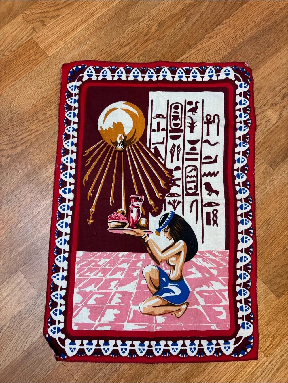 Vintage Egyptian-Inspired Decorative Apron in Burgundy Pink Blue/ Hand Towel.